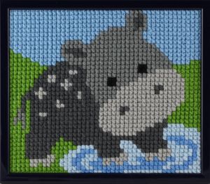 Embroidery kit cute hippo for children, printed.