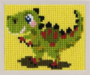 Embroidery kit green dinosaur for children, painted