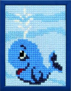 Embroidery kit little blue wale for children, printed.